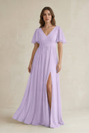 Short Sleeve V - Neck A - Line Chiffon Bridesmaid Dress in Lavender - SHE IS ME Bridesmaid Dresses