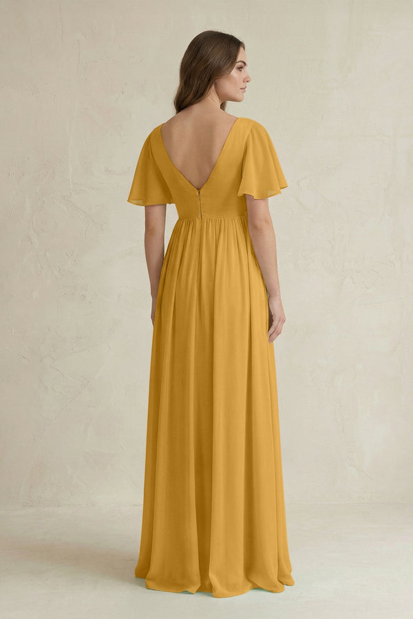 Short Sleeve V - Neck A - Line Chiffon Bridesmaid Dress in Marigold - SHE IS ME Bridesmaid Dresses