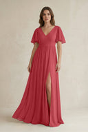 Short Sleeve V - Neck A - Line Chiffon Bridesmaid Dress in Merlot - SHE IS ME Bridesmaid Dresses