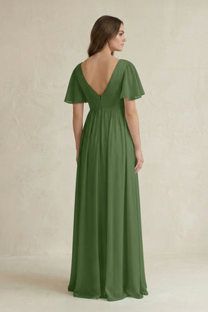 Short Sleeve V - Neck A - Line Chiffon Bridesmaid Dress in Moss - SHE IS ME Bridesmaid Dresses