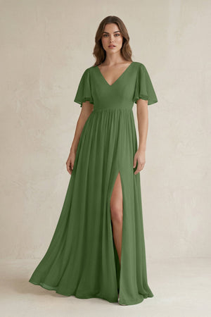 Short Sleeve V - Neck A - Line Chiffon Bridesmaid Dress in Moss - SHE IS ME Bridesmaid Dresses