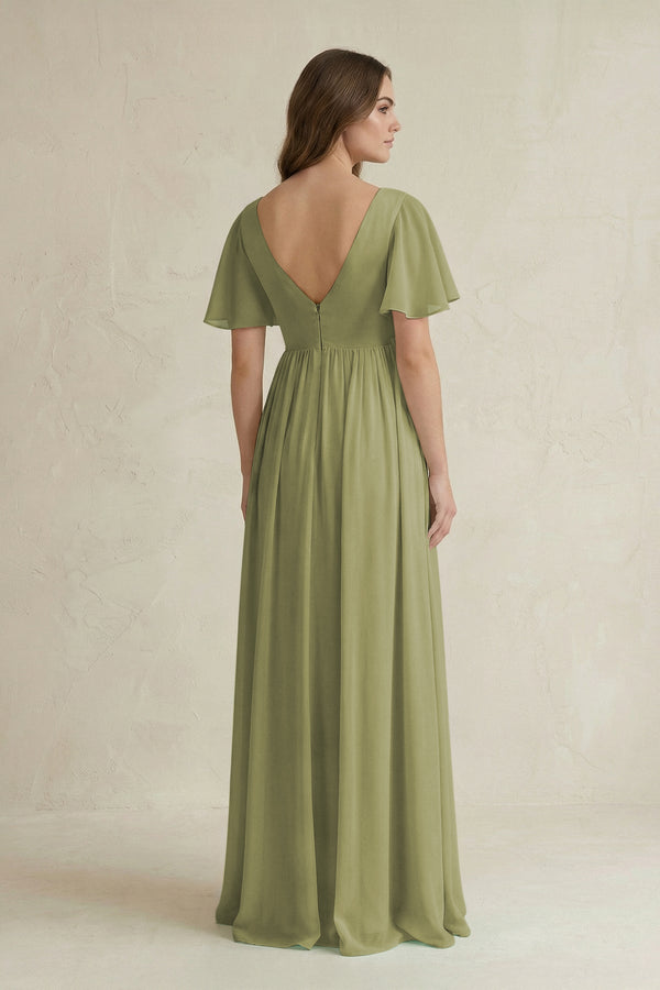 Short Sleeve V - Neck A - Line Chiffon Bridesmaid Dress in Moss Green - SHE IS ME Bridesmaid Dresses