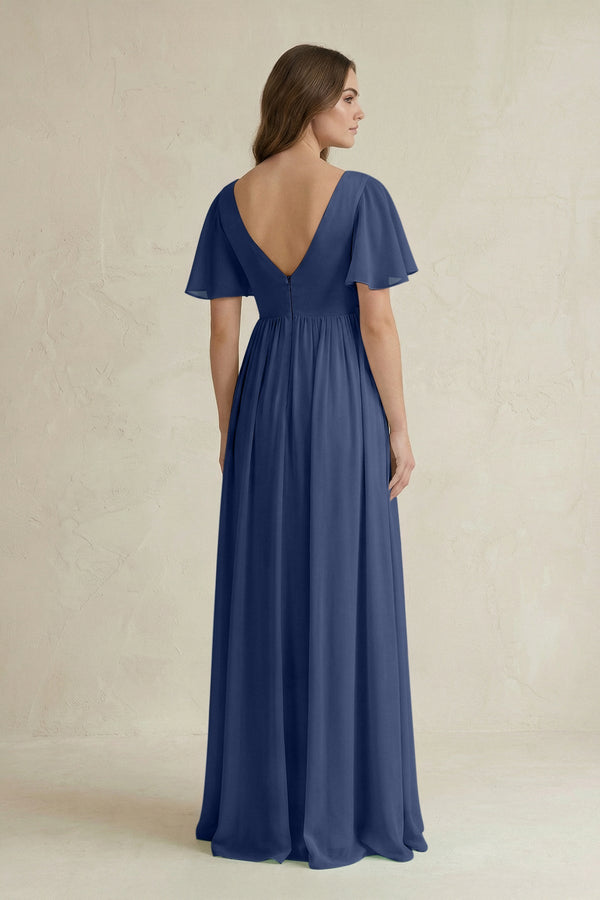 Short Sleeve V - Neck A - Line Chiffon Bridesmaid Dress in Navy - SHE IS ME Bridesmaid Dresses