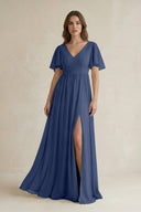 Short Sleeve V - Neck A - Line Chiffon Bridesmaid Dress in Navy - SHE IS ME Bridesmaid Dresses