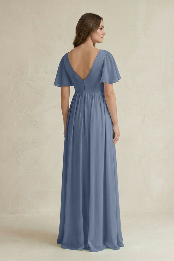 Short Sleeve V - Neck A - Line Chiffon Bridesmaid Dress in Neptune - SHE IS ME Bridesmaid Dresses
