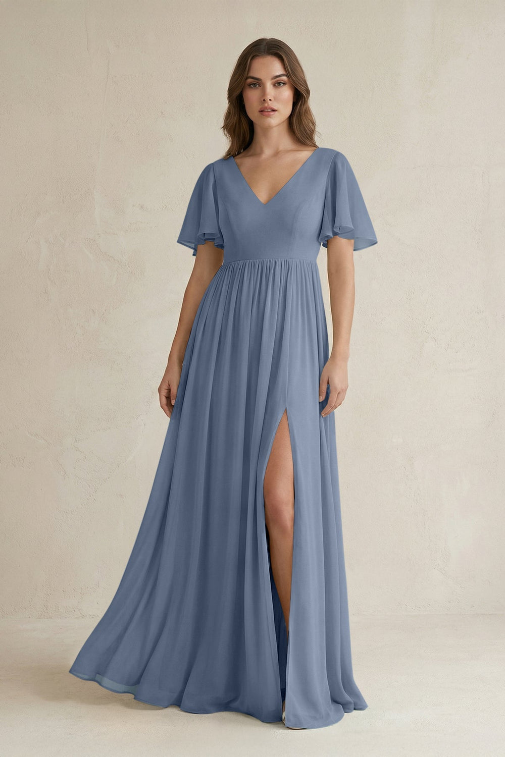 Short Sleeve V - Neck A - Line Chiffon Bridesmaid Dress in Neptune - SHE IS ME Bridesmaid Dresses