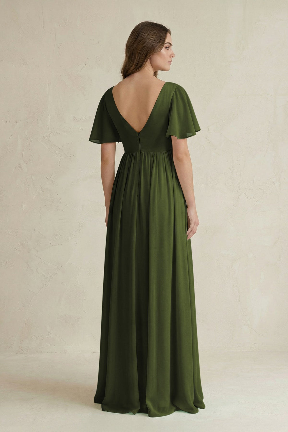 Short Sleeve V - Neck A - Line Chiffon Bridesmaid Dress in Olive - SHE IS ME Bridesmaid Dresses