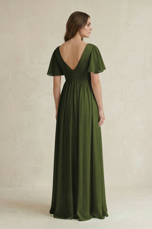 Short Sleeve V - Neck A - Line Chiffon Bridesmaid Dress in Olive - SHE IS ME Bridesmaid Dresses