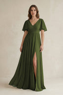 Short Sleeve V - Neck A - Line Chiffon Bridesmaid Dress in Olive - SHE IS ME Bridesmaid Dresses