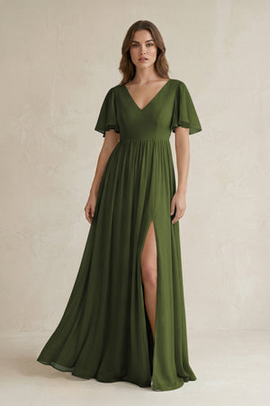 Short Sleeve V - Neck A - Line Chiffon Bridesmaid Dress in Olive - SHE IS ME Bridesmaid Dresses