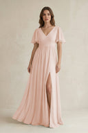 Short Sleeve V - Neck A - Line Chiffon Bridesmaid Dress in Pale Blush - SHE IS ME Bridesmaid Dresses