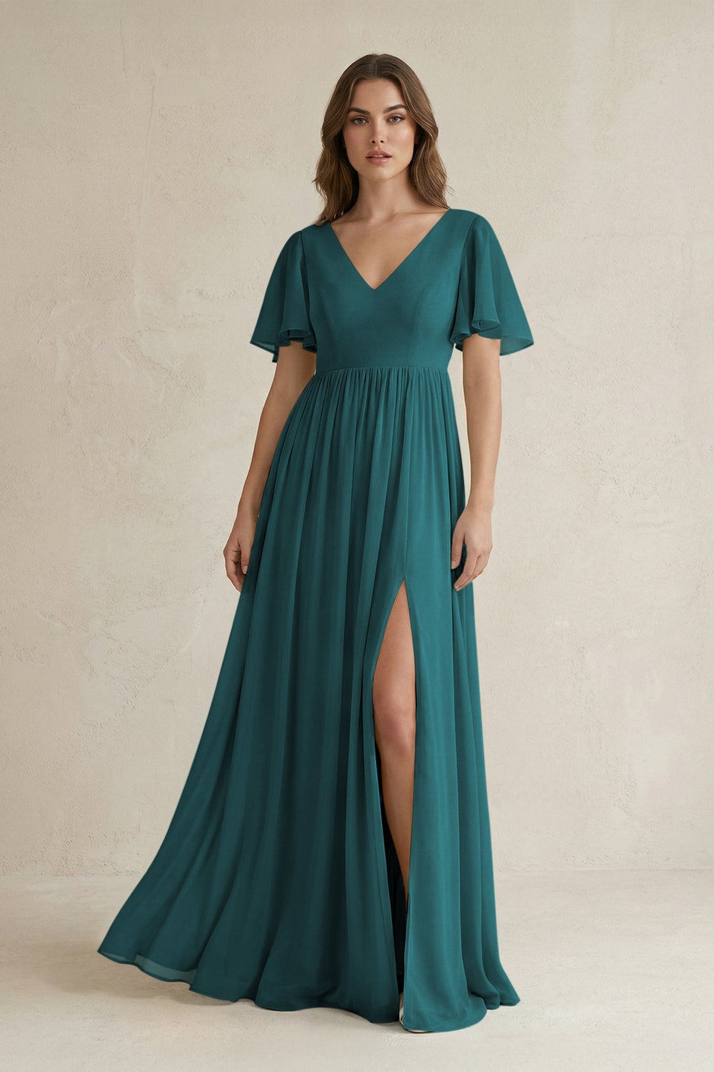 Short Sleeve V - Neck A - Line Chiffon Bridesmaid Dress in Pine - SHE IS ME Bridesmaid Dresses