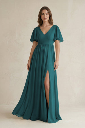 Short Sleeve V - Neck A - Line Chiffon Bridesmaid Dress in Pine - SHE IS ME Bridesmaid Dresses