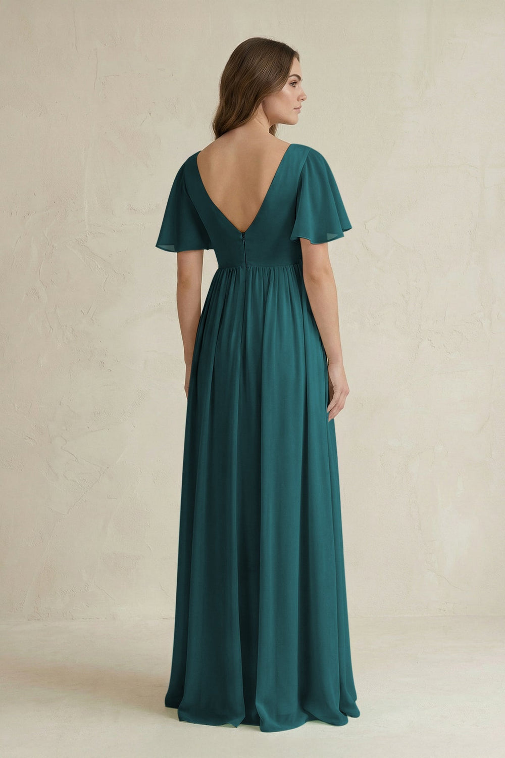 Short Sleeve V - Neck A - Line Chiffon Bridesmaid Dress in Pine - SHE IS ME Bridesmaid Dresses