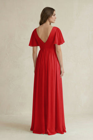 Short Sleeve V - Neck A - Line Chiffon Bridesmaid Dress in Ruby Red - SHE IS ME Bridesmaid Dresses