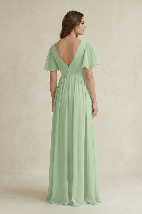 Short Sleeve V - Neck A - Line Chiffon Bridesmaid Dress in Sage - SHE IS ME Bridesmaid Dresses