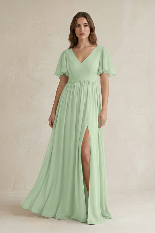 Short Sleeve V - Neck A - Line Chiffon Bridesmaid Dress in Sage - SHE IS ME Bridesmaid Dresses