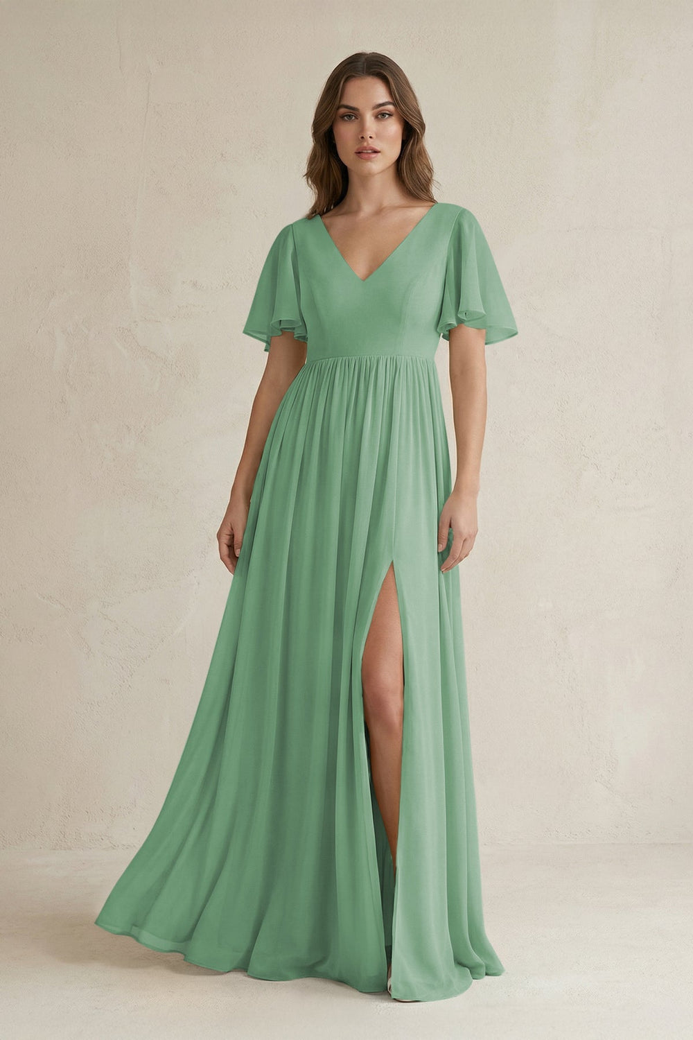 Short Sleeve V - Neck A - Line Chiffon Bridesmaid Dress in Sea Glass - SHE IS ME Bridesmaid Dresses