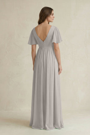 Short Sleeve V - Neck A - Line Chiffon Bridesmaid Dress in Silver - SHE IS ME Bridesmaid Dresses