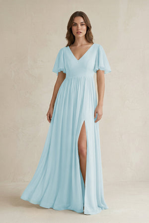 Short Sleeve V - Neck A - Line Chiffon Bridesmaid Dress in Sky Blue - SHE IS ME Bridesmaid Dresses