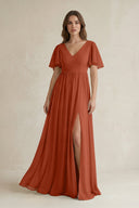 Short Sleeve V - Neck A - Line Chiffon Bridesmaid Dress in Spice - SHE IS ME Bridesmaid Dresses