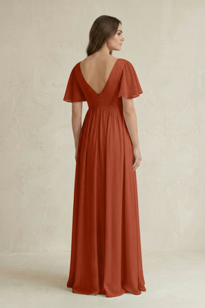 Short Sleeve V - Neck A - Line Chiffon Bridesmaid Dress in Spice - SHE IS ME Bridesmaid Dresses