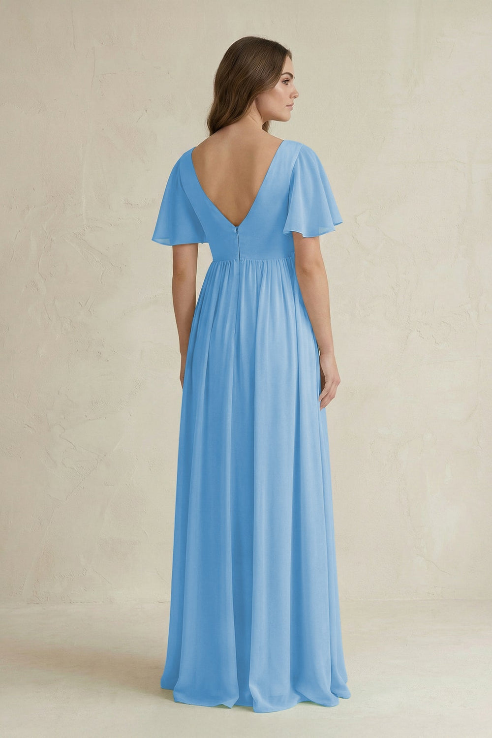Short Sleeve V - Neck A - Line Chiffon Bridesmaid Dress in Steel Blue - SHE IS ME Bridesmaid Dresses