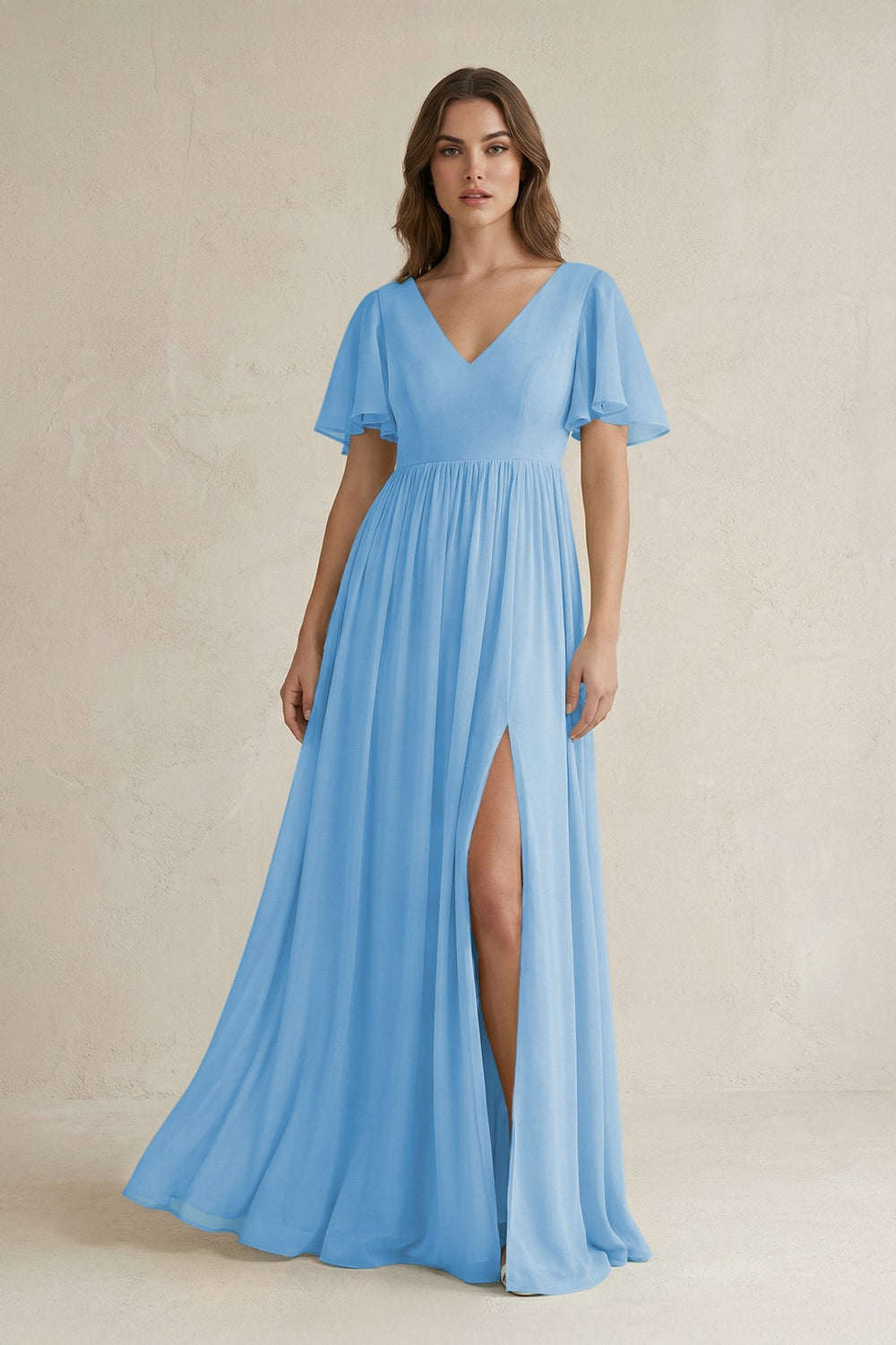 Short Sleeve V - Neck A - Line Chiffon Bridesmaid Dress in Steel Blue - SHE IS ME Bridesmaid Dresses