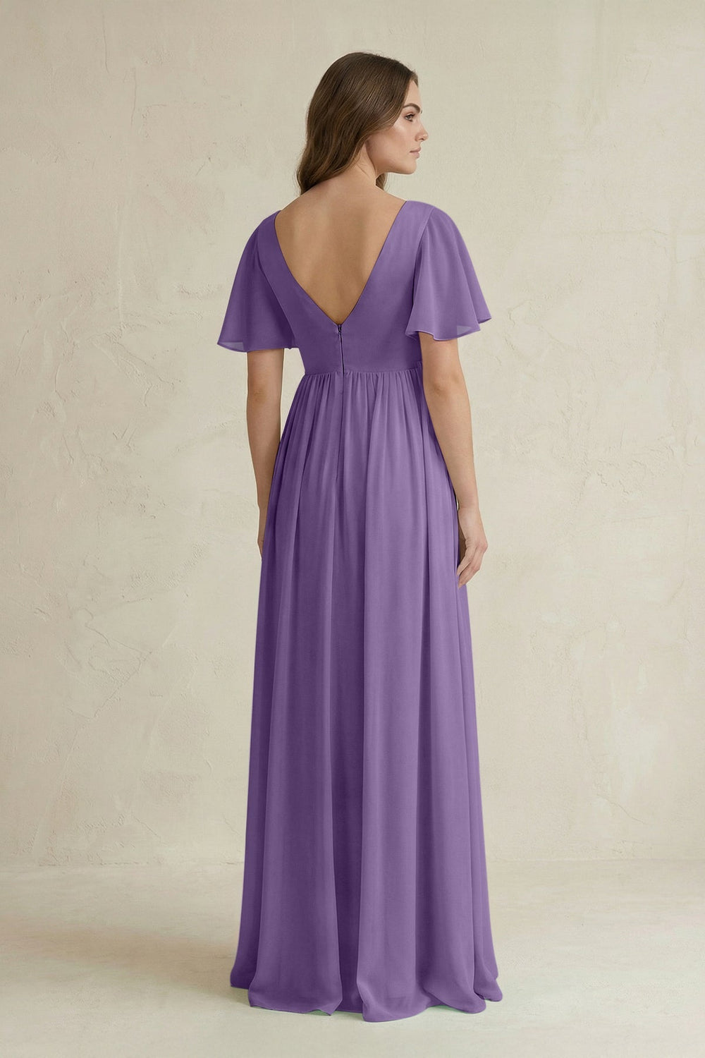 Short Sleeve V - Neck A - Line Chiffon Bridesmaid Dress in Tahiti - SHE IS ME Bridesmaid Dresses
