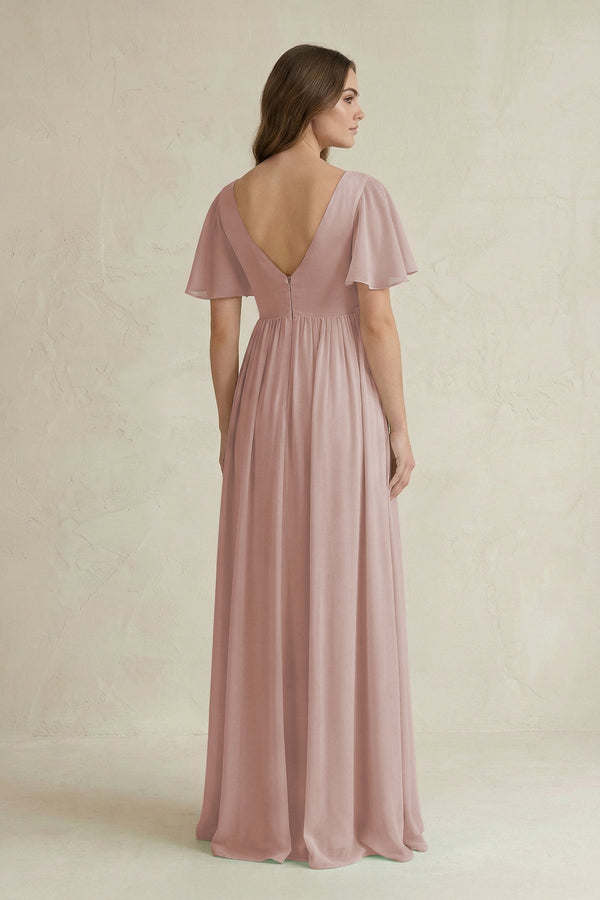 Short Sleeve V - Neck A - Line Chiffon Bridesmaid Dress in Toffee - SHE IS ME Bridesmaid Dresses