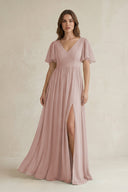 Short Sleeve V - Neck A - Line Chiffon Bridesmaid Dress in Toffee - SHE IS ME Bridesmaid Dresses