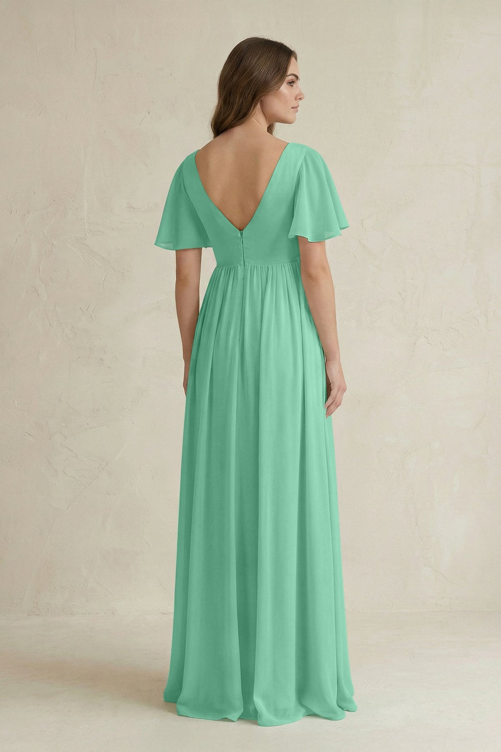 Short Sleeve V - Neck A - Line Chiffon Bridesmaid Dress in Turquoise - SHE IS ME Bridesmaid Dresses
