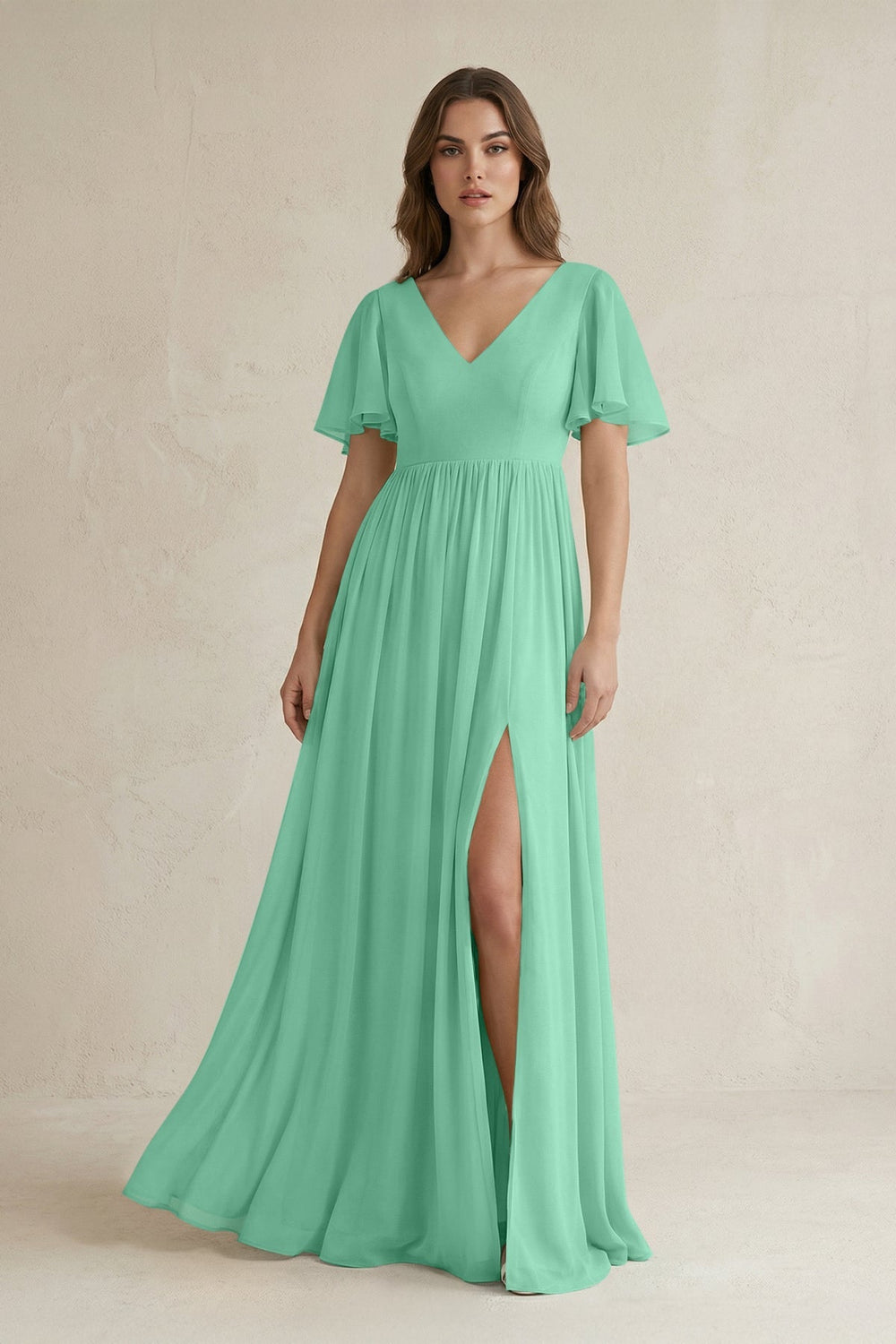 Short Sleeve V - Neck A - Line Chiffon Bridesmaid Dress in Turquoise - SHE IS ME Bridesmaid Dresses