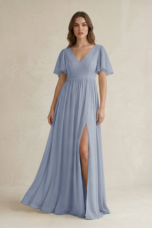 Short Sleeve V - Neck A - Line Chiffon Bridesmaid Dress in Twilight - SHE IS ME Bridesmaid Dresses