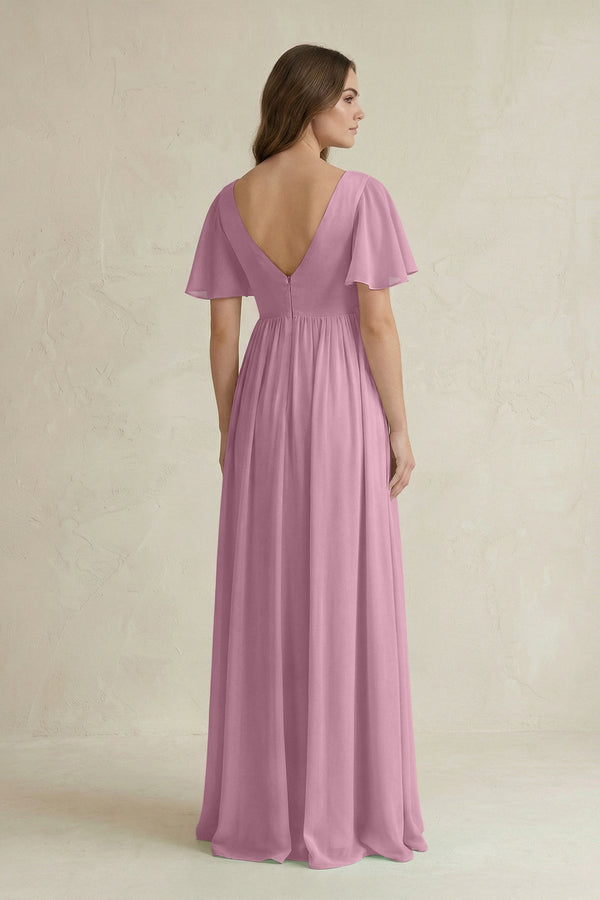 Short Sleeve V - Neck A - Line Chiffon Bridesmaid Dress in Vintage Mauve - SHE IS ME Bridesmaid Dresses