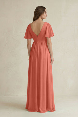 Short Sleeve V - Neck A - Line Chiffon Bridesmaid Dress in Wild Rose - SHE IS ME Bridesmaid Dresses