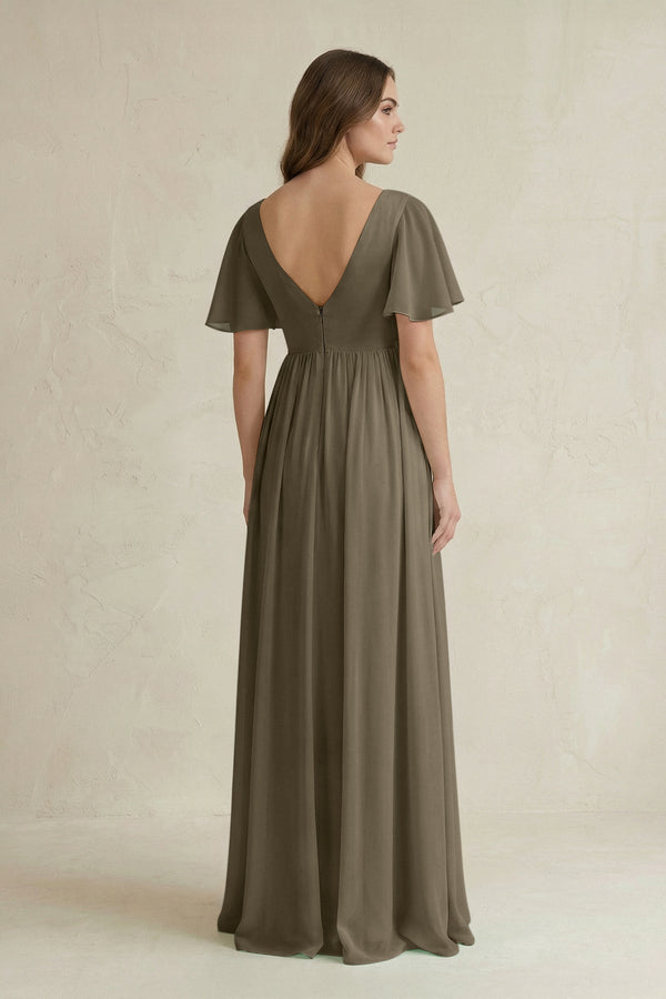 Short Sleeve V - Neck A - Line Chiffon Bridesmaid Dress in Willow Green - SHE IS ME Bridesmaid Dresses