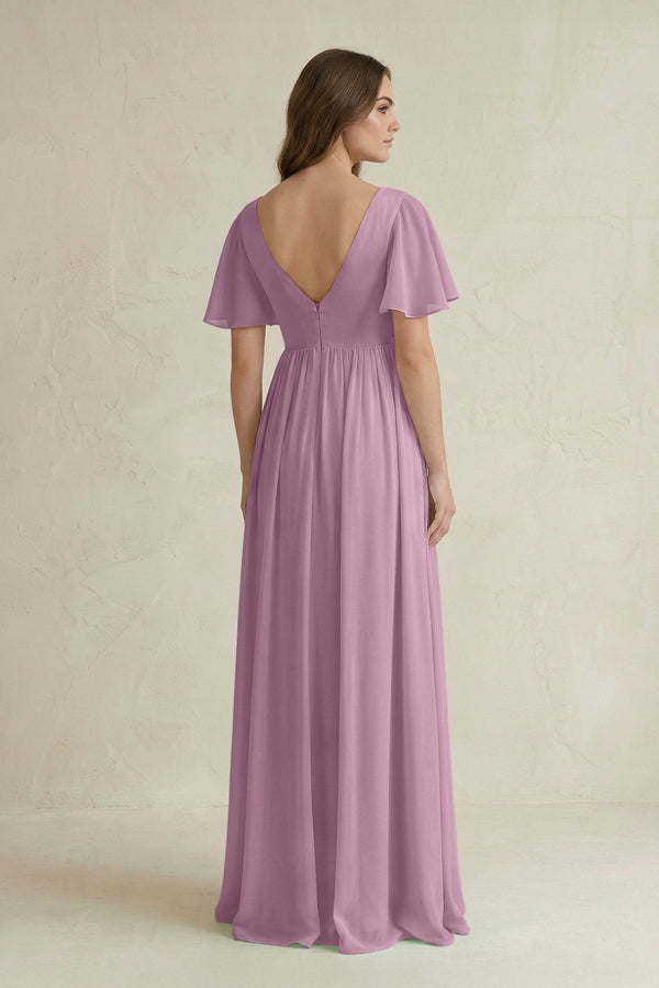 Short Sleeve V - Neck A - Line Chiffon Bridesmaid Dress in Wisteria - SHE IS ME Bridesmaid Dresses