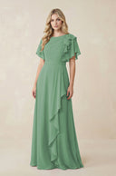 Short Sleeves Bateau A - Line Chiffon Bridesmaid Dress in Sea Glass - SHE IS ME Bridesmaid Dresses