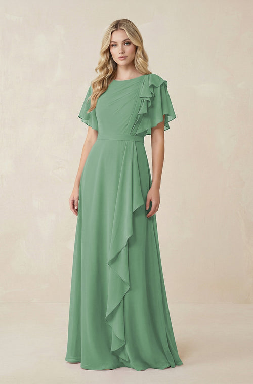 Short Sleeves Bateau A - Line Chiffon Bridesmaid Dress in Sea Glass - SHE IS ME Bridesmaid Dresses