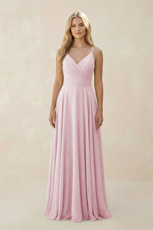 Spaghetti Strap A - Line Chiffon Bridesmaid Dress in Candy Pink - SHE IS ME Bridesmaid Dresses
