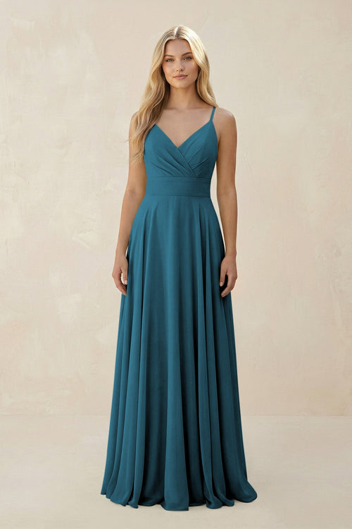 Spaghetti Strap A - Line Chiffon Bridesmaid Dress in Dark Teal - SHE IS ME Bridesmaid Dresses