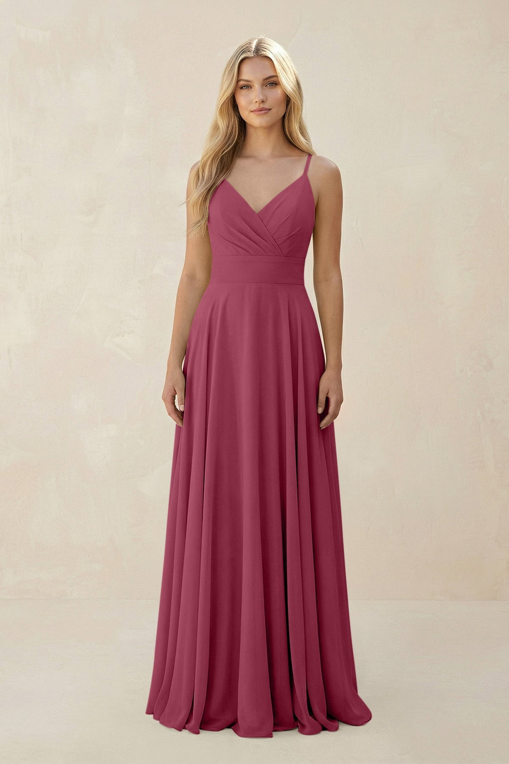 Spaghetti Strap A - Line Chiffon Bridesmaid Dress in Desert Rose - SHE IS ME Bridesmaid Dresses