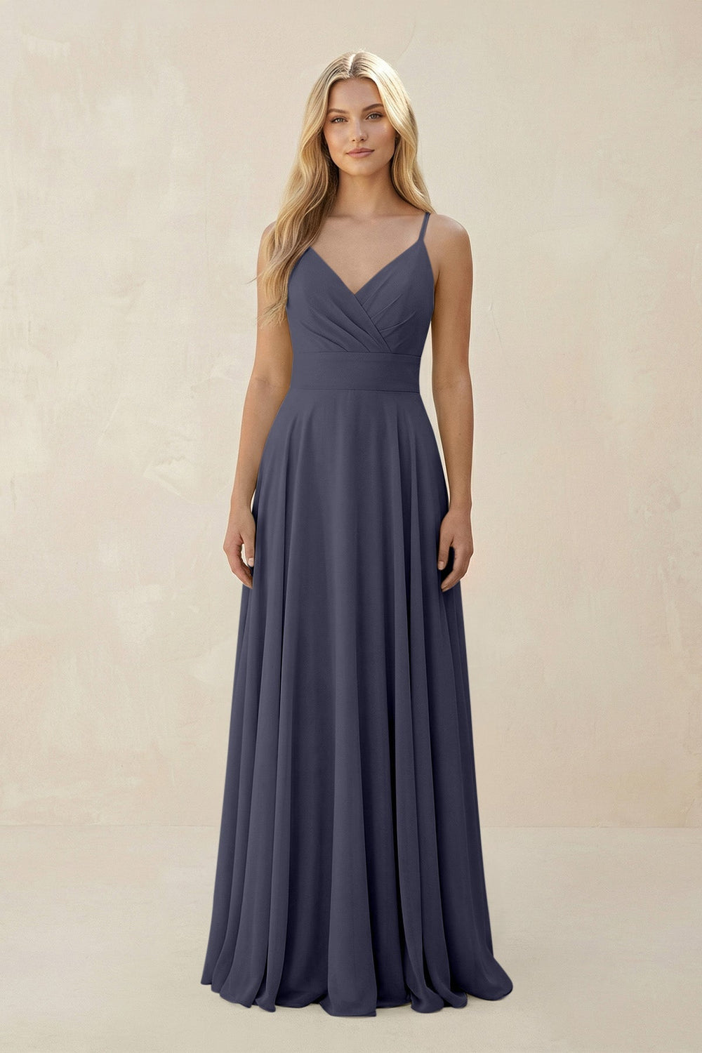 Spaghetti Strap A - Line Chiffon Bridesmaid Dress in Dusk Blue - SHE IS ME Bridesmaid Dresses