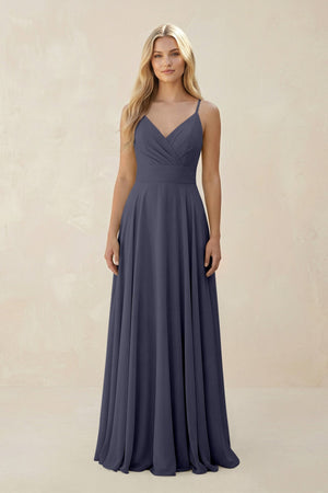 Spaghetti Strap A - Line Chiffon Bridesmaid Dress in Dusk Blue - SHE IS ME Bridesmaid Dresses