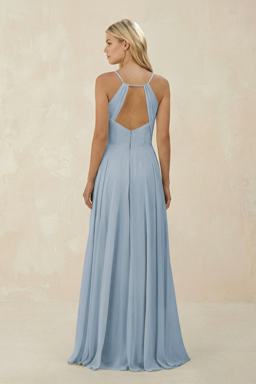 Spaghetti Strap A - Line Chiffon Bridesmaid Dress in Dusty Blue - SHE IS ME Bridesmaid Dresses