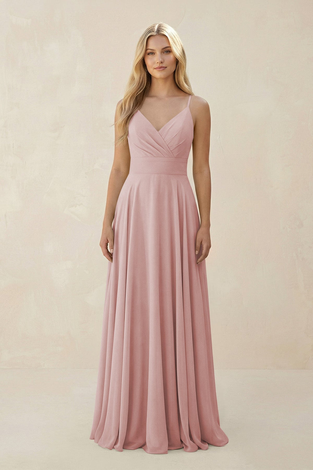 Spaghetti Strap A - Line Chiffon Bridesmaid Dress in Dusty Rose - SHE IS ME Bridesmaid Dresses