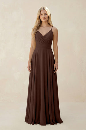 Spaghetti Strap A - Line Chiffon Bridesmaid Dress in Espresso - SHE IS ME Bridesmaid Dresses