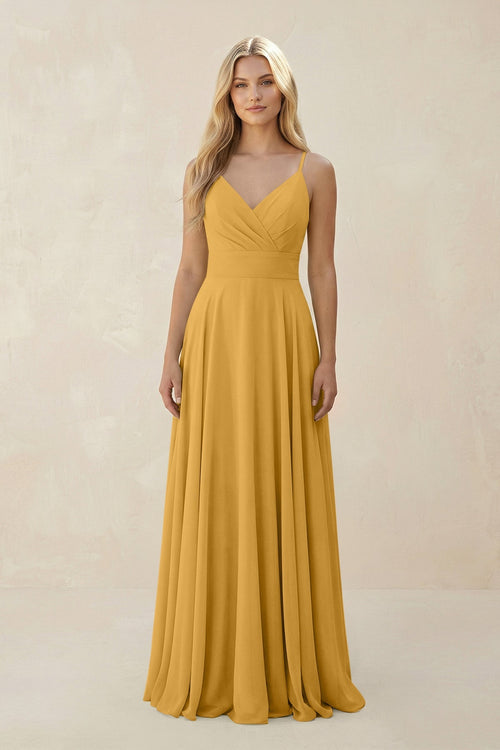 Spaghetti Strap A - Line Chiffon Bridesmaid Dress in Marigold - SHE IS ME Bridesmaid Dresses