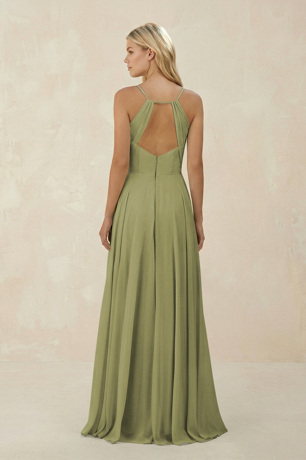 Spaghetti Strap A - Line Chiffon Bridesmaid Dress in Moss Green - SHE IS ME Bridesmaid Dresses